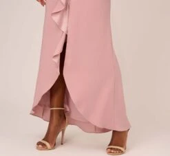 Adrianna Papell Satin Crepe Ruffle Front Long Gown In Steel Rose -Allure Attire AP1E210210 BA696 Regular Lifestyle