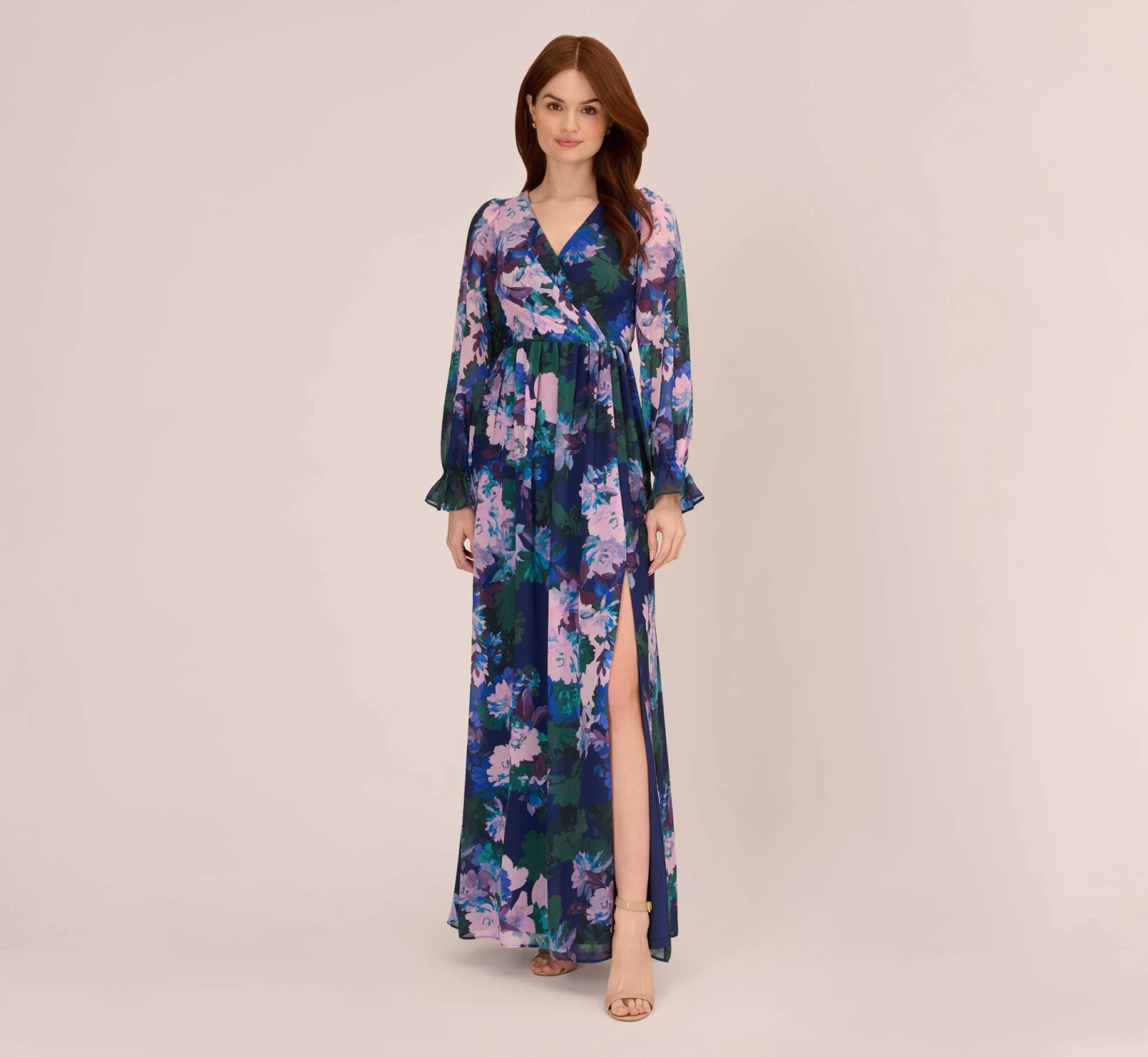 Adrianna Papell Floral-Print Long Shirred Chiffon Gown In Navy Multi 1 Adrianna Papell Floral-Print Long Shirred Chiffon Gown In Navy Multi