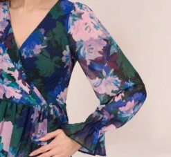 Adrianna Papell Floral-Print Long Shirred Chiffon Gown In Navy Multi 9 Adrianna Papell Floral-Print Long Shirred Chiffon Gown In Navy Multi -Allure Attire AP1E210216 AD411 Regular Detail