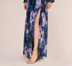 Adrianna Papell Floral-Print Long Shirred Chiffon Gown In Navy Multi 11 Adrianna Papell Floral-Print Long Shirred Chiffon Gown In Navy Multi -Allure Attire AP1E210216 AD411 Regular Lifestyle