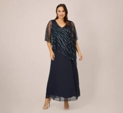 Adrianna Papell Plus Size Hand-Beaded Popover Long Dress In Midnight
