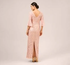 Adrianna Papell Hand-Sequined And Embroidered Illusion Long Column Gown In Blush Pearl -Allure Attire AP1E210239 AP688 Regular Back