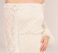 Adrianna Papell Hand-Beaded Off-The-Shoulder Blouson Short Sheath Cocktail Dress In Ivory Pearl -Allure Attire AP1E210244 AG105 Regular Detail