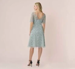 Adrianna Papell Hand-Beaded Illusion Midi-Length Fit-And-Flare Cocktail Dress In Frosted Sage 7 Adrianna Papell Hand-Beaded Illusion Midi-Length Fit-And-Flare Cocktail Dress In Frosted Sage -Allure Attire AP1E210245 AG484 Regular Back