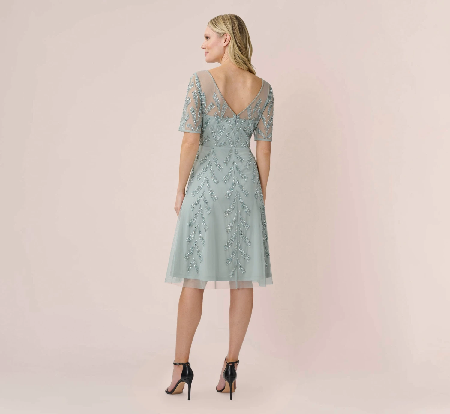Adrianna Papell Hand-Beaded Illusion Midi-Length Fit-And-Flare Cocktail Dress In Frosted Sage 4 Adrianna Papell Hand-Beaded Illusion Midi-Length Fit-And-Flare Cocktail Dress In Frosted Sage - Image 4
