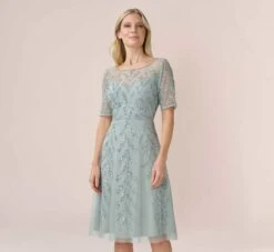 Adrianna Papell Hand-Beaded Illusion Midi-Length Fit-And-Flare Cocktail Dress In Frosted Sage