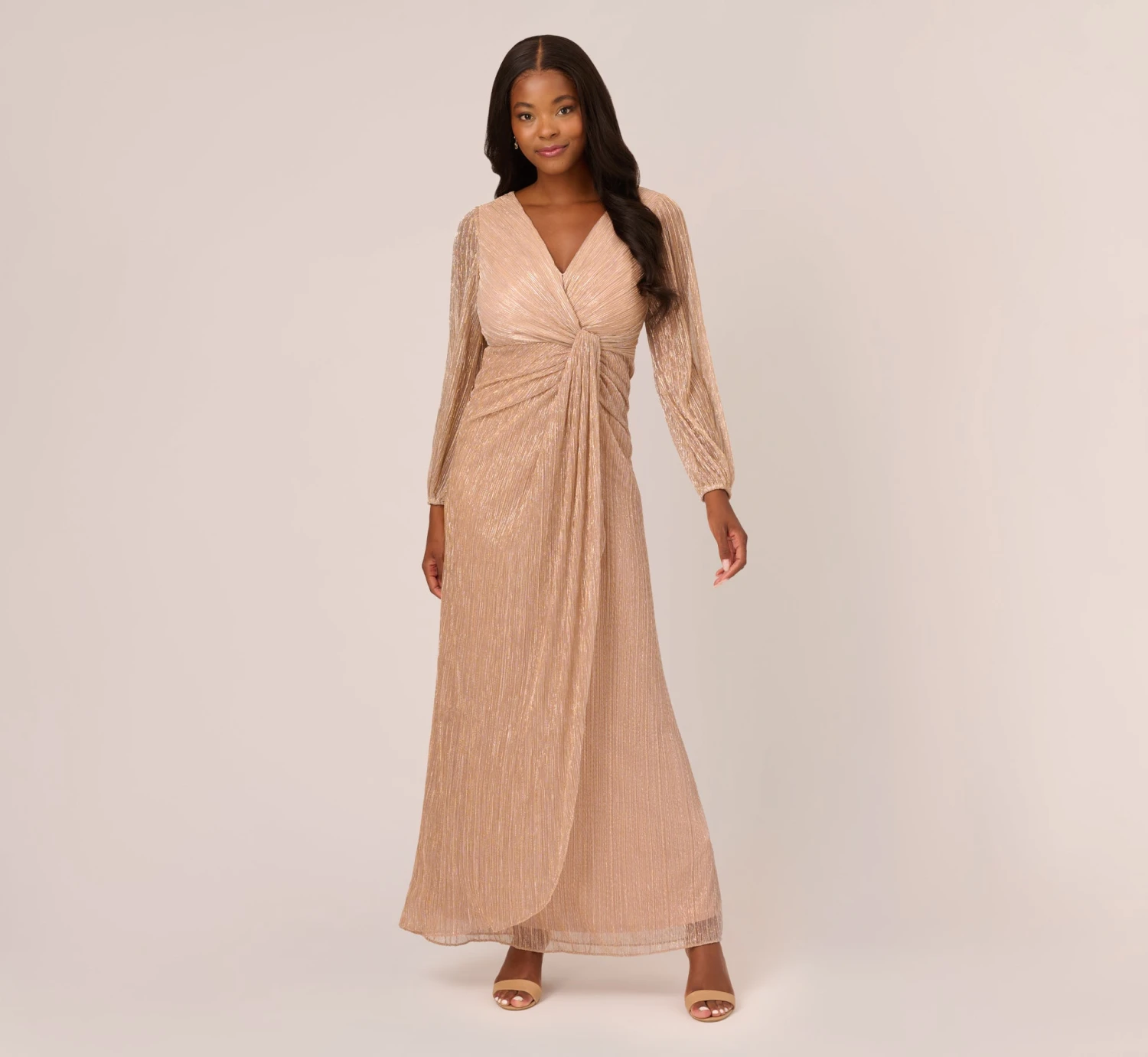 Adrianna Papell Metallic Crinkled Mesh Draped Long Gown In Light Gold 1 Adrianna Papell Metallic Crinkled Mesh Draped Long Gown In Light Gold