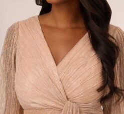 Adrianna Papell Metallic Crinkled Mesh Draped Long Gown In Light Gold 8 Adrianna Papell Metallic Crinkled Mesh Draped Long Gown In Light Gold -Allure Attire AP1E210265 AA267 Regular Detail