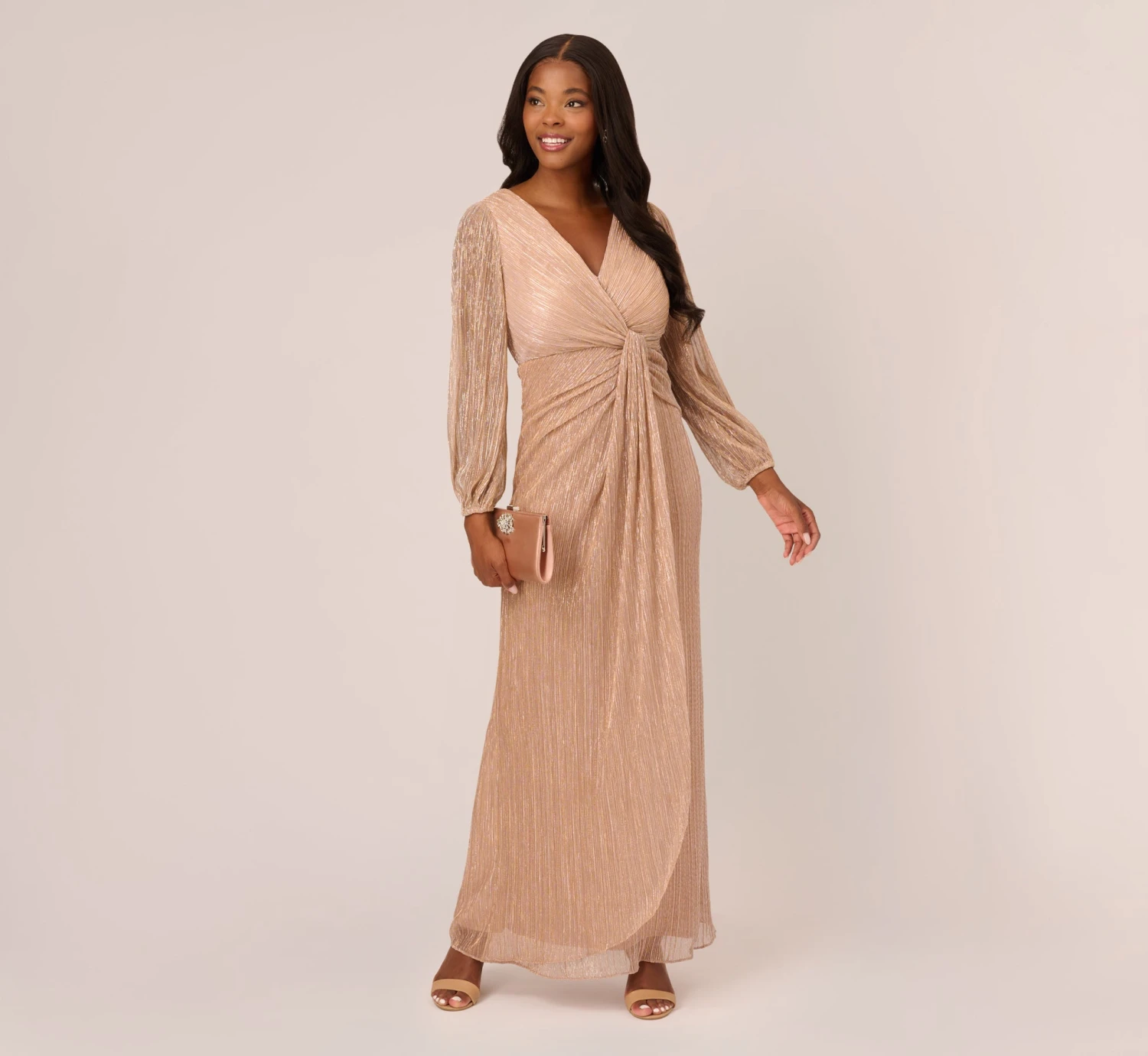 Adrianna Papell Metallic Crinkled Mesh Draped Long Gown In Light Gold 2 Adrianna Papell Metallic Crinkled Mesh Draped Long Gown In Light Gold - Image 2