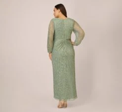 Adrianna Papell Plus Size Metallic Crinkled Mesh Draped Long Gown In Green Slate -Allure Attire AP1E210265 AA355 Plus Back