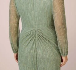 Adrianna Papell Plus Size Metallic Crinkled Mesh Draped Long Gown In Green Slate -Allure Attire AP1E210265 AA355 Plus Lifestyle