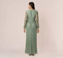 Adrianna Papell Metallic Crinkled Mesh Draped Long Gown In Green Slate -Allure Attire AP1E210265 AA355 Regular Back