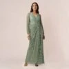 Adrianna Papell Metallic Crinkled Mesh Draped Long Gown In Green Slate