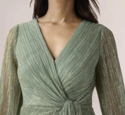Adrianna Papell Metallic Crinkled Mesh Draped Long Gown In Green Slate -Allure Attire AP1E210265 AA355 Regular Detail