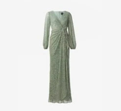 Adrianna Papell Metallic Crinkled Mesh Draped Long Gown In Green Slate -Allure Attire AP1E210265 AA355 Regular Flat