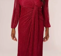 Adrianna Papell Metallic Crinkled Mesh Draped Long Gown In Scarlet -Allure Attire AP1E210265 AB614 Regular Lifestyle