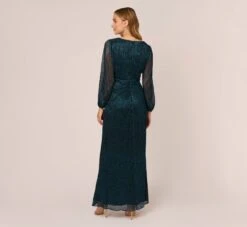 Adrianna Papell Metallic Crinkled Mesh Draped Long Gown In Teal Sapphire -Allure Attire AP1E210265 AL473 Regular Back