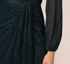 Adrianna Papell Metallic Crinkled Mesh Draped Long Gown In Teal Sapphire -Allure Attire AP1E210265 AL473 Regular Lifestyle