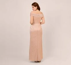 Adrianna Papell Metallic Rose Motif Off-The-Shoulder Long Gown In Rose Gold -Allure Attire AP1E210267 AI298 Regular Back