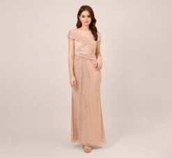 Adrianna Papell Metallic Rose Motif Off-The-Shoulder Long Gown In Rose Gold