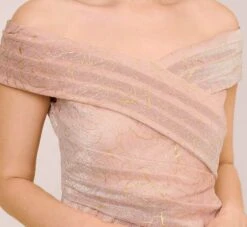 Adrianna Papell Metallic Rose Motif Off-The-Shoulder Long Gown In Rose Gold -Allure Attire AP1E210267 AI298 Regular Detail