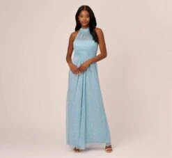 Adrianna Papell Floral Metallic Stencil Long Halter Gown In Light Blue