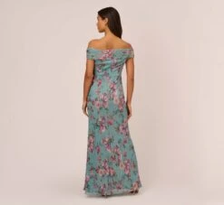 Adrianna Papell Floral Print Off The Shoulder Metallic Crinkled Mesh Long Gown In Aqua Multi 9 Adrianna Papell Floral Print Off The Shoulder Metallic Crinkled Mesh Long Gown In Aqua Multi -Allure Attire AP1E210282 BZ980 Regular Back
