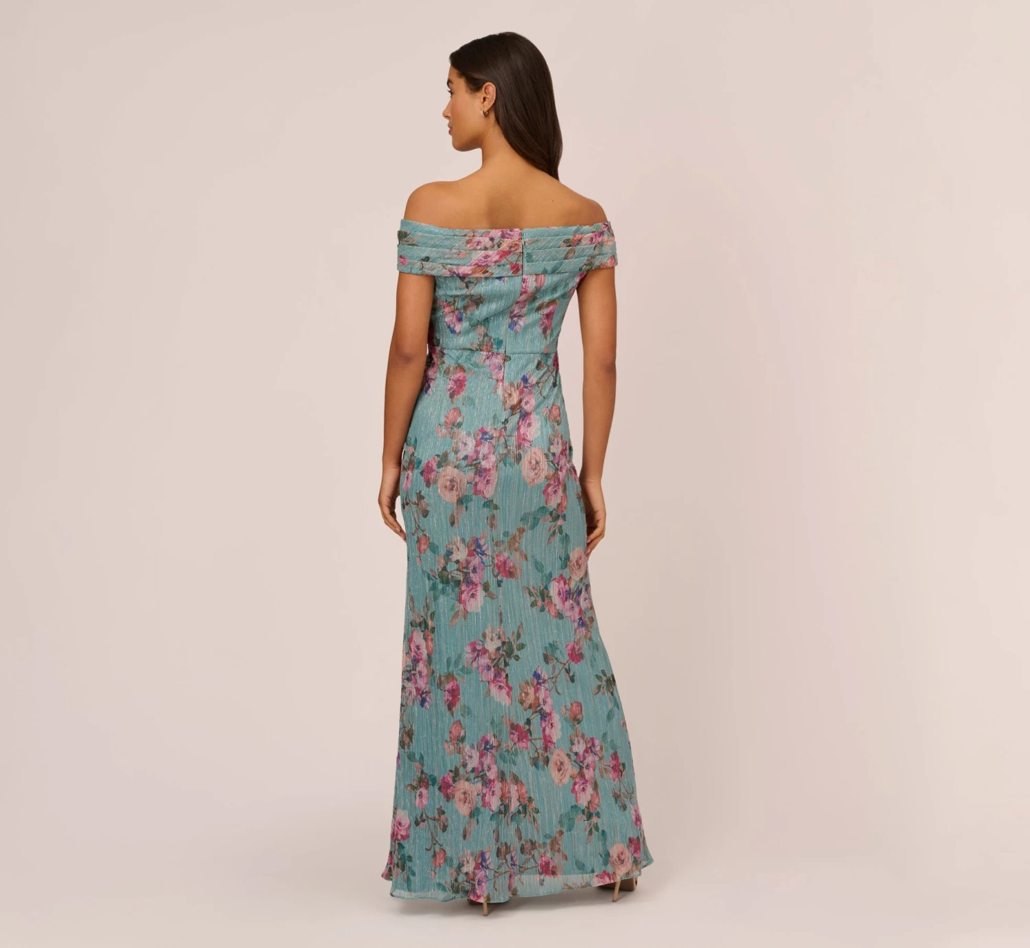 Adrianna Papell Floral Print Off The Shoulder Metallic Crinkled Mesh Long Gown In Aqua Multi 4 Adrianna Papell Floral Print Off The Shoulder Metallic Crinkled Mesh Long Gown In Aqua Multi - Image 4
