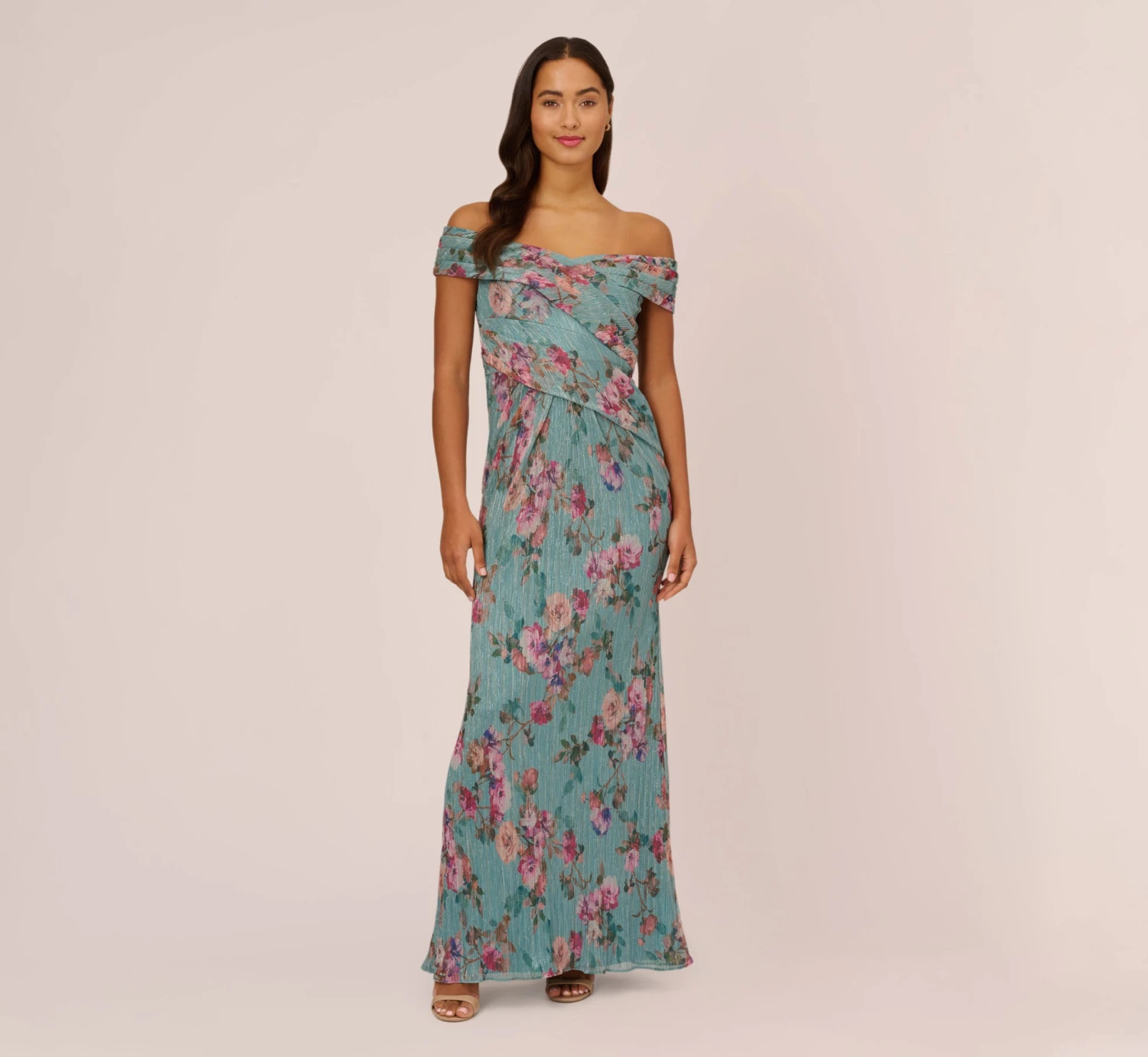 Adrianna Papell Floral Print Off The Shoulder Metallic Crinkled Mesh Long Gown In Aqua Multi 1 Adrianna Papell Floral Print Off The Shoulder Metallic Crinkled Mesh Long Gown In Aqua Multi