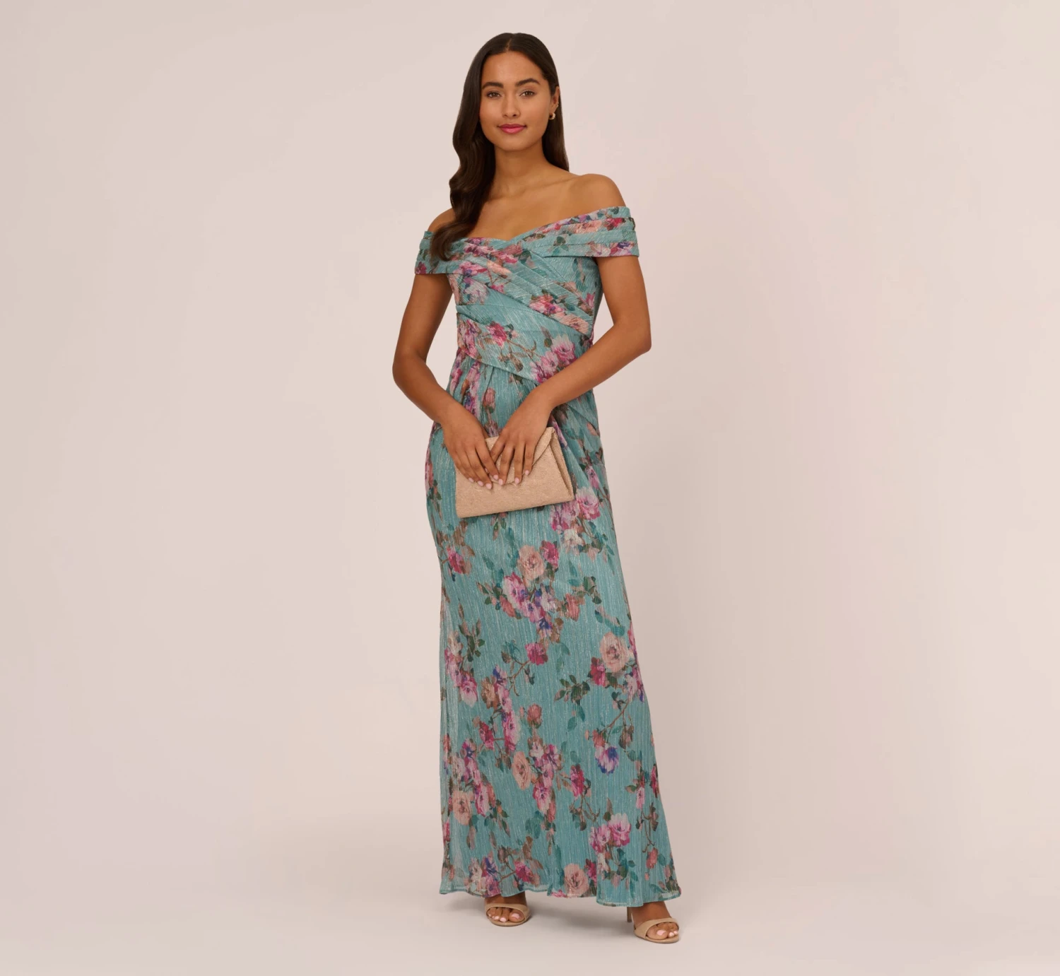 Adrianna Papell Floral Print Off The Shoulder Metallic Crinkled Mesh Long Gown In Aqua Multi 2 Adrianna Papell Floral Print Off The Shoulder Metallic Crinkled Mesh Long Gown In Aqua Multi - Image 2