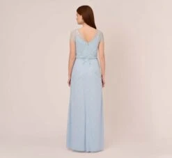 Adrianna Papell Hand-Beaded Illusion Long Blouson Gown In Elegant Sky -Allure Attire AP1E210284 AC497 Regular Back