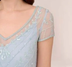 Adrianna Papell Hand-Beaded Illusion Long Blouson Gown In Elegant Sky -Allure Attire AP1E210284 AC497 Regular Lifestyle