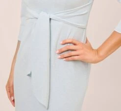 Adrianna Papell Metallic Knit Tie-Front Long Column Gown In Skyway -Allure Attire AP1E210307 AC459 Regular Side