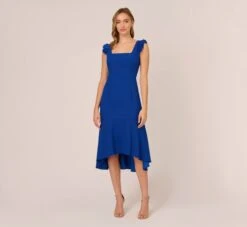 Adrianna Papell Ruffled Satin Crepe Midi-Length High/Low Cocktail Mermaid Dress In Violet Cobalt