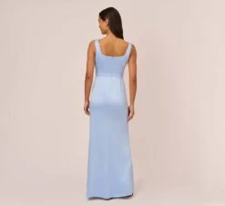Adrianna Papell Satin Crepe Mermaid Gown With Tie Waist In Blue Breeze -Allure Attire AP1E210310 AD497 Regular Back