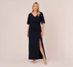 Adrianna Papell Plus Size Crepe Mermaid Gown With Pearl Trim Short Sleeves In Midnight