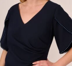 Adrianna Papell Plus Size Crepe Mermaid Gown With Pearl Trim Short Sleeves In Midnight -Allure Attire AP1E210355 AB411 Plus Detail