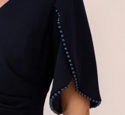 Adrianna Papell Plus Size Crepe Mermaid Gown With Pearl Trim Short Sleeves In Midnight -Allure Attire AP1E210355 AB411 Plus Lifestyle