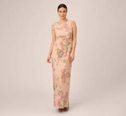 Adrianna Papell Floral Metallic Stretch Matelasse Long Column Gown In Pink Multi