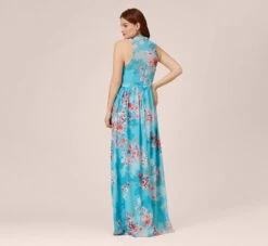 Adrianna Papell Floral-Print Chiffon Tie Neck Halter Long Fit-And-Flare Gown In Aqua Multi -Allure Attire AP1E210390 BZ980 Regular Back