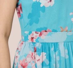 Adrianna Papell Floral-Print Chiffon Tie Neck Halter Long Fit-And-Flare Gown In Aqua Multi -Allure Attire AP1E210390 BZ980 Regular Detail