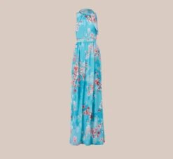 Adrianna Papell Floral-Print Chiffon Tie Neck Halter Long Fit-And-Flare Gown In Aqua Multi -Allure Attire AP1E210390 BZ980 Regular Flat