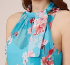 Adrianna Papell Floral-Print Chiffon Tie Neck Halter Long Fit-And-Flare Gown In Aqua Multi -Allure Attire AP1E210390 BZ980 Regular Side
