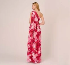 Adrianna Papell Floral Print One Shoulder Chiffon Long Gown In Pink Multi -Allure Attire AP1E210404 AE970 Regular Back