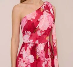 Adrianna Papell Floral Print One Shoulder Chiffon Long Gown In Pink Multi -Allure Attire AP1E210404 AE970 Regular Detail