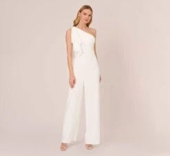 Adrianna Papell Satin Crepe Draped One Shoulder Wide Leg Jumpsuit In Ivory