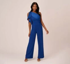 Adrianna Papell Satin Crepe Draped One Shoulder Wide Leg Jumpsuit In Rich Royal