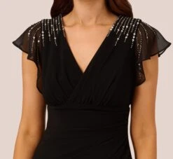 Adrianna Papell Flutter Sleeve Mermaid Gown With Beaded Details In Black -Allure Attire AP1E210420 AA002 Regular Detail