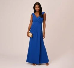 Adrianna Papell Stretch Knit Crepe Long Faux Wrap Mermaid Gown In Rich Royal