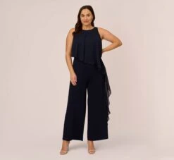Adrianna Papell Plus Size Chiffon And Crepe Wide Leg Jumpsuit In Midnight